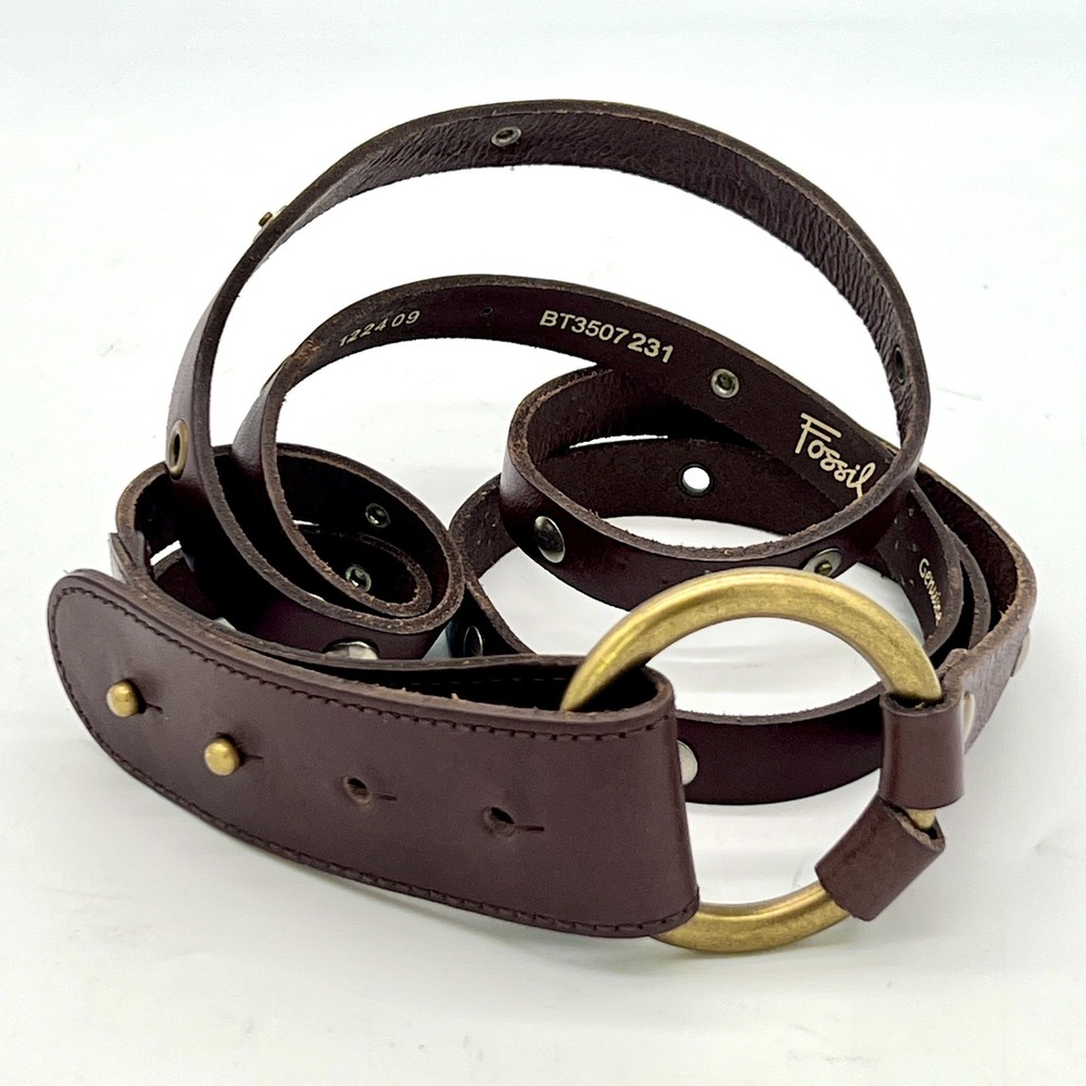 Fossil Womens Sz S Brown Leather Belt Studded Ring Loop Closure Double Strap New